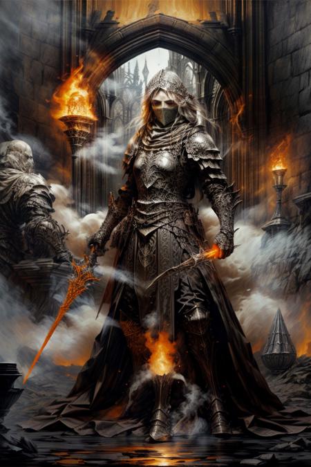 score_9, score_8_up, 8, score_7_up, solo,  
fantasy style, masterpiece, 8k, 

BREAK
Medieval fantasy warrior in ornate forged steel plate armor, wearing distinctive metal mask with intricate engravings, standing in ancient stone forge hall with glowing embers. Character holds masterwork sword and wears flowing dark cloak. Background shows hammer and anvil, weapon racks, stone archways. Dramatic lighting from forge fire creates shadows and highlights on polished armor. Art style: official Dungeons and Dragons book illustration, fantasy art, digital painting, detailed shading, muted color palette with warm orange forge glow, professional RPG artwork, similar to Player's Handbook illustrations. High detail on armor craftsmanship, mask design, and medieval smithing tools. Atmospheric smoke and sparks from forge. Full body composition showing warrior's imposing stance. Professional fantasy game art quality, painted illustration style, not photorealistic.
BREAK
oil painting, BadDream, negative_hand, NEG_EMBED_STABLE_YOGI_V3, FastNegativeV2, AissistV2
(detailed:1.3), (sharp focus:1.1), medieval style, (expressive face:1.2),,