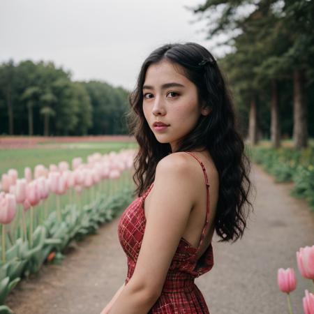 instagram photo, photo of a 18 y.o girl,chinese,wearing loose red dress,beautiful face,long black curly hair,medium breasts,
smliling,looking at viewer,
outdoor,windy,forest in the backgroud,(pink tulips),
cinematic shot,dark shot,