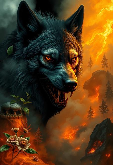 Highly detailed, left hand side white smoke and fog/right hand side lava fire and ashes highly cinematic, close-up image of a goddess wolf over the fractal fog world, perfect composition, dark colours, green leaves, forest, lots of details, flowers, metallic ink, beautifully lit, fire and smoke, a fine art painting by drew struzan and karol bak, gothic art, dark and mysterious, in the playful scribble drawing style. triadic complementary colors, dark and moody surreal nightmare of an eerie laugh, a mouth distorted, wide grin, and full of sharp nails, in the realm of the damned dreaded souls, teal and orange color grading, yellow abstract geometric gradients stain the orangish background