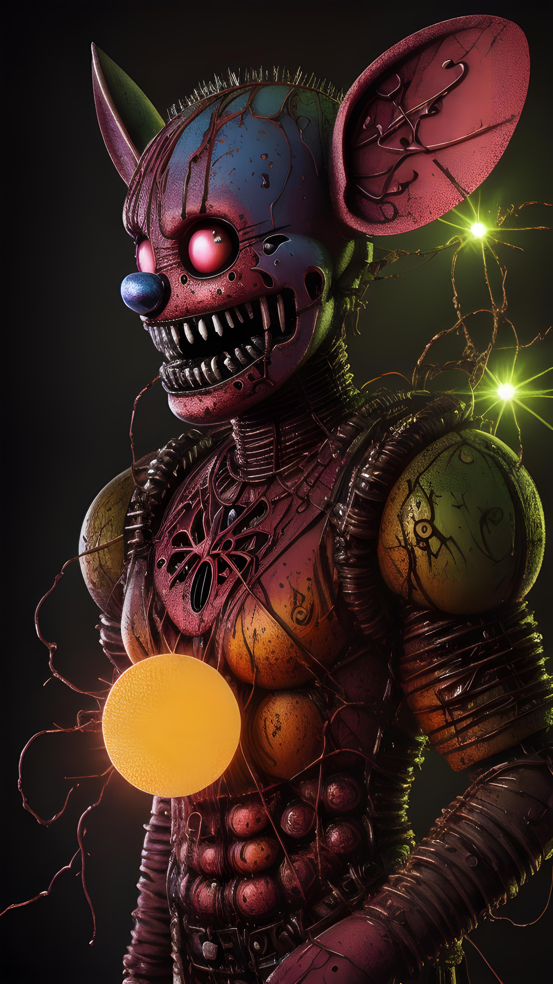 A robot with a glowing yellow circle in its chest, surrounded by wires and lights.