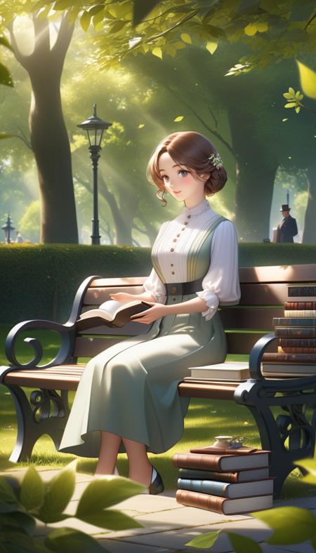 Young woman sitting on a park bench with Charles Dickens, surrounded by books, under leafy trees with sunlight filtering through the leaves, hyperrealistic digital art, artstation.