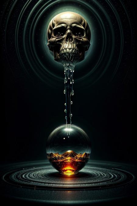 A close-up photorealistic image of a crystal-like floating skull facing dynamic view with its mouth open, pouring from it's mouth a shimmering liquid resembling the universe onto the ground, filled with rich stars and swirling galaxies. A simple void background enhances the dark atmosphere, shrouded in fog, capturing the hypnotic flow and shimmer of the cosmic liquid, evil demon,