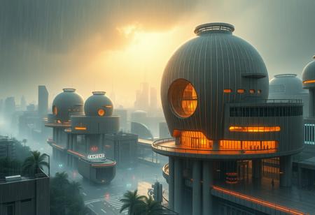 Breathtaking masterwork digital photo, sci-fi city, sleek organic rounded laminate architecture, heavy blinding rainstorm