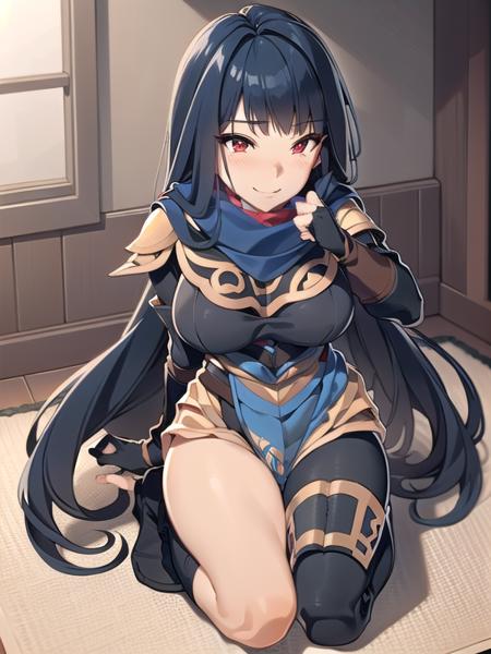 (ultra detailed),(masterpeace),(best quality),(photorealistic),CG,(colour:1.2), beautiful lighting,light from the front,official art,indoors for Japanese-style room,solo, <lora:momochitanba:1>,momochitanba,smile,black hair,long hair,ninja,navy blue suite,red eyes,navy blue scarf,pantyhose,