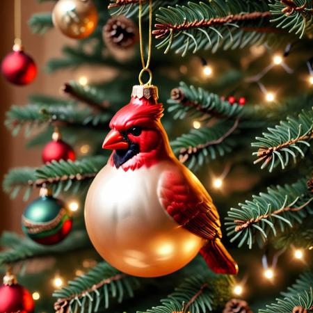 very realistic close-up photograph of a Christmas sphere with a cardinal on it hanging in a Christmas tree branch