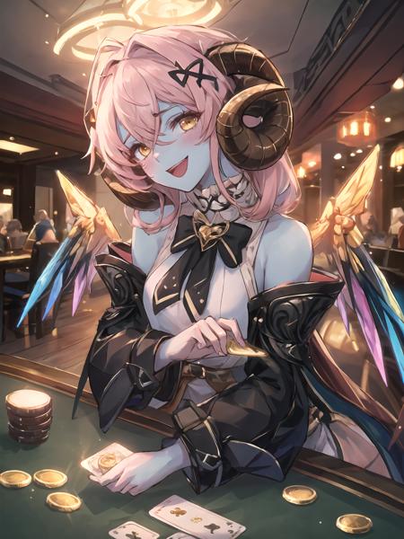 masterpiece,best quality,highres,cinematic lighting,dramatic angle,<lora:ShadowverseShowdownDemonV1-000019:0.8:lbw=jiangshi3>,1girl,pink hair,horns,blue skin,yellow eyes,detached sleeves,bare shoulders,ribbon,bowtie,glowing eyes,white shirt,vest,crystal wings,choker,casino,holding card,evil smile,:d,looking at viewer,head tilt,arm support,piles of chip,coin,dollar bill,money,across table,table,blush,happy,pov across table,close-up,spoken heart,