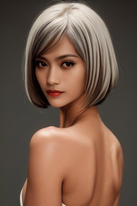 hair style bob cut hair style a cute girl, 22 years old, bob cut hair style, skinny:1.1), (best quality, high quality, photograph, hyperrealism, masterpiece, 8k:1.3), mestizo, burly, white shaggy hair, legskin, dark skin, smile, (low-key lighting, dramatic shadows and subtle highlights:1.1), adding mystery and sensuality, trending on trending on artsy, concept art, (shot by helmut newton:1.1), rule of thirds, black and white, modern