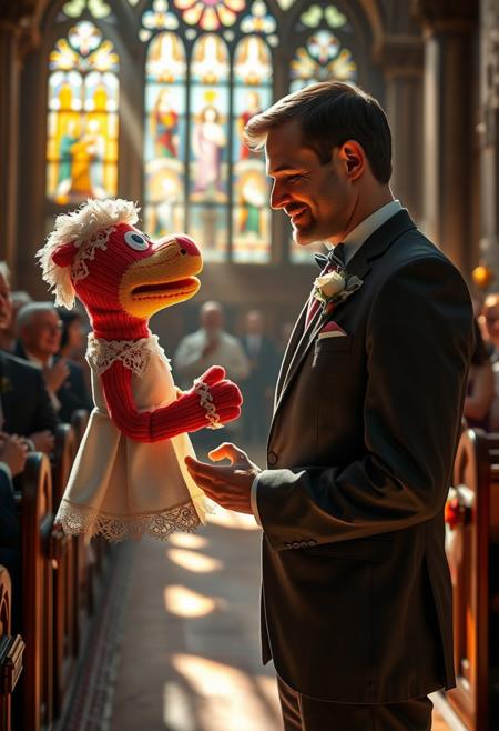 "Hyper-realistic depiction of a man standing at the altar, gazing lovingly at his bride - a intricately detailed sock puppet. The puppet, with its brightly colored fabric and expressive stitched face, seems to radiate a warm and endearing personality. The man's eyes shine with adoration as he holds the puppet's 'hand' and exchanges vows. The ceremony takes place in a beautifully decorated church, with sunlight streaming through the stained glass windows and casting a kaleidoscope of colors on the floor. The atmosphere is filled with warmth and joy, as if the very absurdity of the situation has brought the couple and their guests closer together. The man's attire is formal and elegant, while the sock puppet's 'wedding dress' is a delicate, lace-trimmed confection. Style: extremely detailed, hyper-realistic, and cinematic, with a focus on capturing the textures, lighting, and emotional depth of the scene."