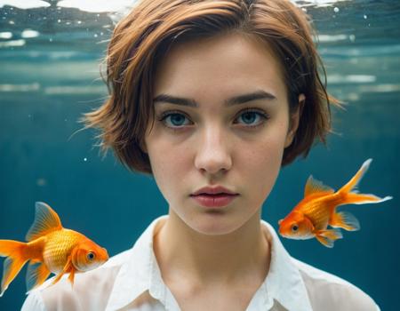 cinematic still Portrait film photography, artistic atmosphere, emotional atmosphere, old and dirty picture, goldfish, girl with short hair, melancholy eyes, white shirt, side, water, air bubbles, retro film style, motion blur, super retro graininess, blue-orange tone, low saturation, film film . emotional, harmonious, vignette, 4k epic detailed, shot on kodak, 35mm photo, sharp focus, high budget, cinemascope, moody, epic, gorgeous, film grain, grainy, Portrait film photography, artistic atmosphere, emotional atmosphere, old and dirty picture, goldfish, girl with short hair, melancholy eyes, white shirt, side, water, air bubbles, retro film style, motion blur, super retro graininess, blue-orange tone, low saturation, film film, cinematic, extremely detailed, fine detail, sharp focus, very intricate, innocent