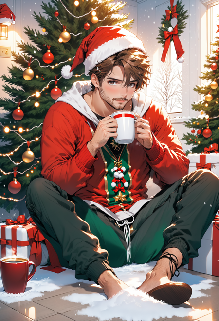 man sitting next to the christmas tree with a cup of coffee,  he's wearing a santa hat and is tied up in christmas lights,  in the style of subversive art,  playful,  youthful images,  poolcore,  rtx on,  candid moments captured,  snow scenes,  <lora:HolidaysIdidalittlebiteXL:1>