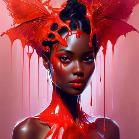 ethereal fantasy concept art of  black hair, 1girl, red background, looking at viewer, dripping, lips, teeth, portrait, black eyes, dark-skinned female, dark skin, smart, rich, fancy, elegant, luxury, dramatic light, beautiful, highly detailed, advanced, artistic, romantic, charming, thought, enchanted, lush, illuminated, extremely, amazing, epic, cinematic, sharp
 <lora:DrippingXL:1>, , <lora:FILM_PHOTOGRAPHY_STYLE:0.25> . magnificent, celestial, ethereal, painterly, epic, majestic, magical, fantasy art, cover art, dreamy