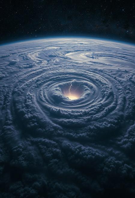 “A cinematic satellite view of an alien planet completely covered by massive, swirling thunderstorms. No land or water—only endless thick clouds, slow-moving tornadoes, and internal flashes of violet, deep blue, and white lightning. Above the storm, distant galaxies and nebulae glow faintly through the atmosphere. The camera pans slowly across the scene, emphasizing the constant motion and raw energy of the storm against the backdrop of infinite space. Mood: dramatic, cinematic, dreamlike.”