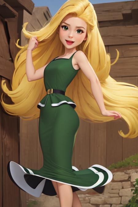 1 girl, Coriza, very long blond hair, green dress, 