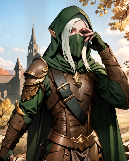 Kerillian 1girl, elf, black eyes, white hair cloak, armor, hood, mouth mask