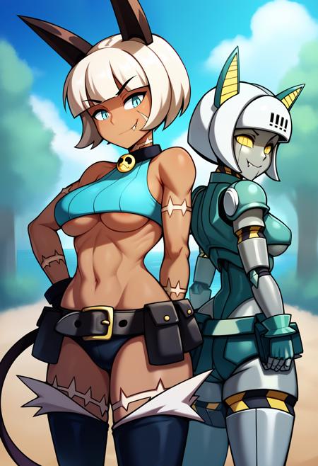 robo-fortune miss-fortune score_9, miss-fortune, 1girl, solo, yellow eyes, crop top, underboob, cat ears, scar, bell, short hair, dark skin, white hair, dark-skinned female, bob cut, shorts, fang, gloves score_9, robo-fortune, 1girl, solo, blue eyes, no humans, robot joints, humanoid robot, colored skin, bell, bob cut, short hair, white hair, cat ears, claws, belt pouch