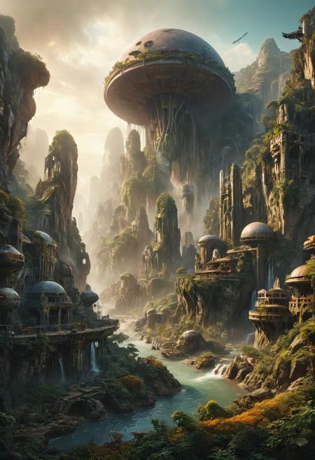 A grand, majestic 1960s retro-futurism space-opera city carved into a mountainside on a alien planet with intricate architectural designs. The city features multiple domed buildings, towering statues, and a large bridges connecting different parts of the city. The scene is set in a alien landscape with rocky cliffs and waterfalls, creating a sense of awe and wonder.