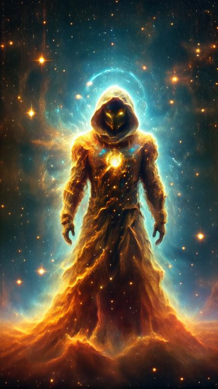  novuschroma, retro-futuristic science fiction:1.5), (towering sci-fi structures:1.4), highly detailed, (futuristic titan in a vintage spacesuit:1.3), <lora:Space_Nebula_Style_SDXL:1.0>, (masterpiece:1.2), best quality, (hyperdetailed, highest detailed:1.2), high resolution A highly detailed and cinematic science-fiction scene with mystical fantasy elements. A hooded figure draped in an ornate, glowing robe sits before a massive golden structure, embedded with intricate carvings and holding a cosmic orb at its center. The orb emits a faint celestial glow, reflecting galaxies and stars within its depths. The figure gestures as if communicating with the orb, their robe adorned with glowing golden orbs that emit a soft light. The background is a vast, starry cosmos, filled with subtle trails of light, nebulas, and distant galaxies. The scene is illuminated with soft, warm lighting from the golden structure, casting intricate shadows. Hyper-realistic textures, perfect composition, cinematic Kodachrome tones, and artistic mastery. Ultra HD, 8K resolution, intricate cosmic design, surreal atmosphere
