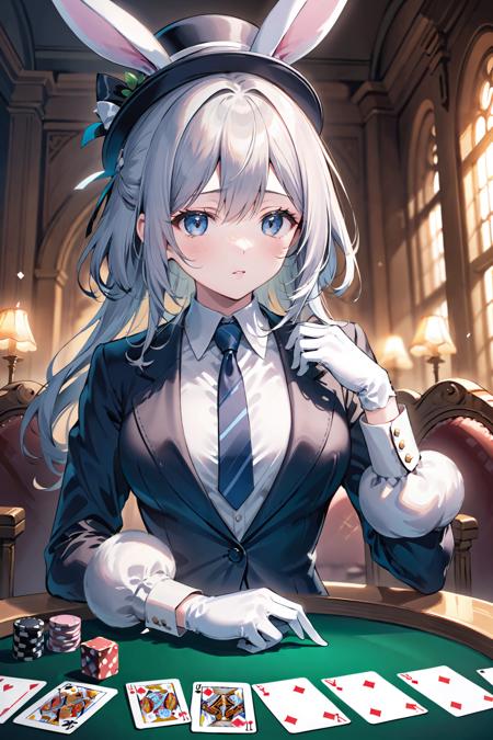 (best quality),((masterpiece)),(highres),original,extremely detailed 8K wallpaper,(an extremely delicate and beautiful),
anime,
\\,
1girl,Bunny Girl,playboy bunny,card,hat,female focus,gloves,necktie,solo,playing card,formal,suit,facial hair,white gloves,