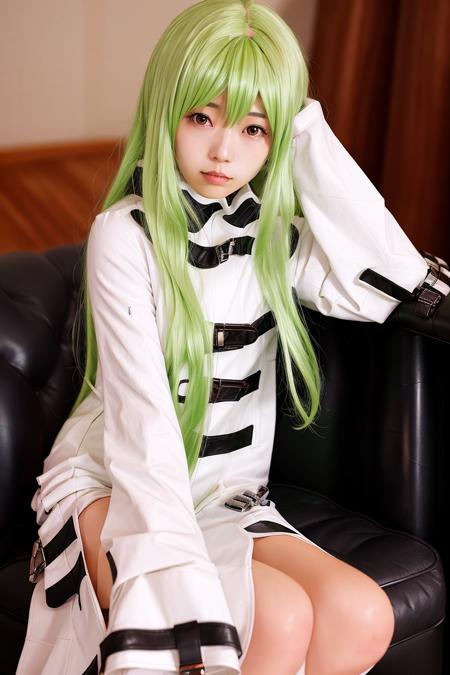 best quality, ultra high res, 1girl, looking at viewer, <lora:CGCCcos:1>, cosplay, green hair, long hair, straitjacket,