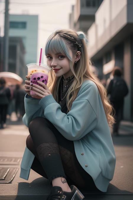 4K,8K. An attractive american gothic punk girl, with black punk fitting clothes, (blonde very long wavy hair:1.05) (wide dreamy light blue eyes,) wide smile, face close up, (holding a bubble tea,) (dynamic sitting pose, on the street)