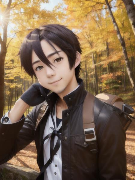 masterpiece, best quality, DSLR, insanely detailed, 1young man, KiritoSAO, short hair, shy smile, insanely detailed eyes, perfect face, path inside a dense forest, sun shining through leaves, RayTrace, light rays, <lora:SAO-V1RS:1>