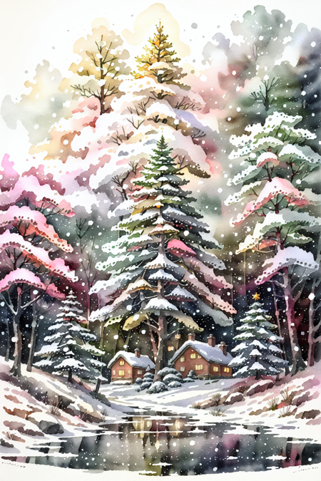 GachasplashMistletoe, outdoors, sky, sun, cloud, tree, no humans, night, nature, scenery, snow, forest, reflection, snowing, winter, christmas tree, bare tree, pine tree, yellow background, dark ink wash, SplshPntNOwrth, zoom out, wide shot, masterpiece, official art, 32k UHD, wallpaper, best watercolor, diffused light, ultra sharp, extremely detailed <lora:GachasplashMistletoe:0.8>