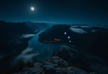 POV, on top of a mountain, looking down from mountain top, geological basin at the base of mountain, rivers leading to basin from mountains, basin surrounded by mountains, shore line, trees, clear blue water, cloud streams, mist over basin, at night, dark, moon, moon light, 3 small glowing orbs in air around basin, 3 small glowing orbs under water surface, stars, night sky, nebula, moons in sky, glowing in the forest, orange glow,