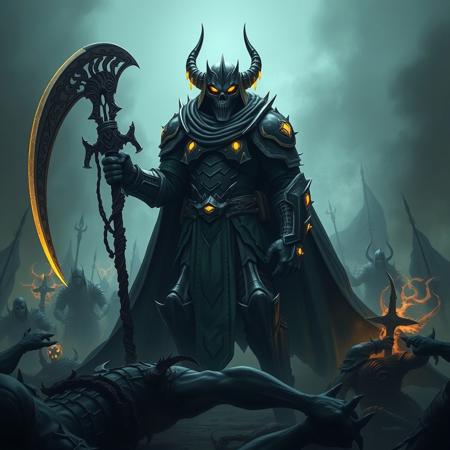 Large figure clad in segmented armor from head to toe. On a battle field surrounded by defeated foes. Wide angle, full body shot. Helmet with skull mask design with glowing yellow eyes, wielding a large two headed scythe and a flowing shadowy cape, his armor decorated with glowing yellow crystals. Light dim, futuristic, gothic.
