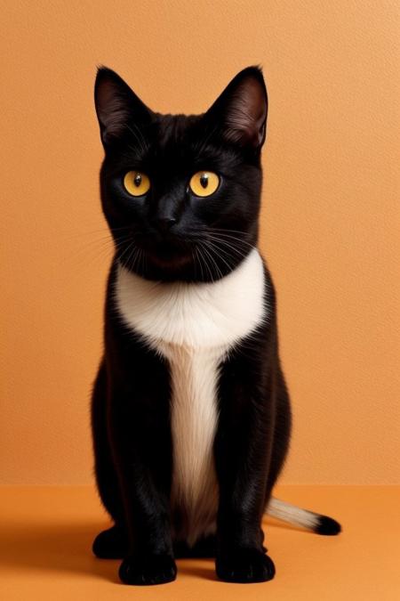 A close-up minimalist illustration of a black cat with striking yellow-orange eyes peeking from behind an orange wall. The artwork features smooth, clean lines and a subtle texture, emphasizing the cat's playful expression. The creamy beige background complements the orange accent, creating a harmonious and modern aesthetic.