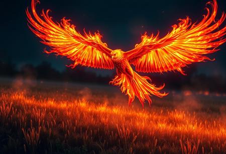 a hellish phoenix flying over a meadow at night, its wings are covered with fire, the fire from its wings flows onto the meadow and sets it on fire, fantasy, real image