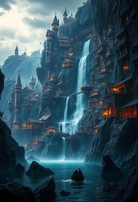 cinematic a sprawling, intricate city built into a rocky cliffside, illuminated by warm, glowing lights. The architecture is a blend of medieval and steampunk styles, with wooden structures, metal gears, and pipes. A waterfall cascades down the center, adding a dynamic element to the scene. In the foreground, a small boat with two figures navigates the water, surrounded by jagged rocks. The sky is overcast, with a hint of sunlight breaking through, casting a mystical ambiance. The overall color palette is a mix of earthy tones and cool blues, enhancing the fantastical atmosphere.