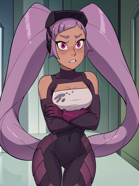 (Ultra detailed:1.3), (1girl), masterpiece, 8k HDR, hires, high resolution, best quality, beautiful eyes, perfect lighting, (sharp focus), (solo), <lora:Entrapta:0.9> (Entrapta), long hair, twintails, purple hair, dark skin, purple bodysuit, angry, arms crossed