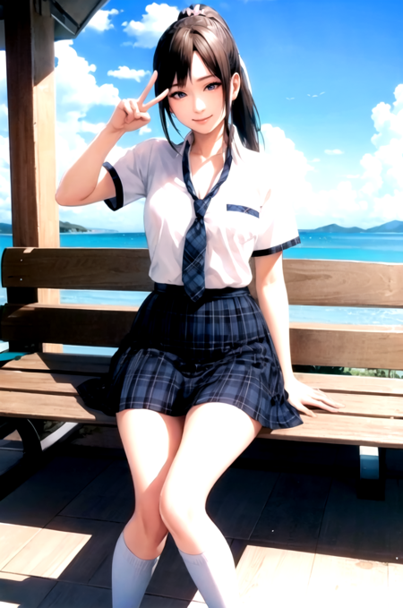 MiyamotoHikari plated skirt, school uniform, tie, checkered skirt, ponytail