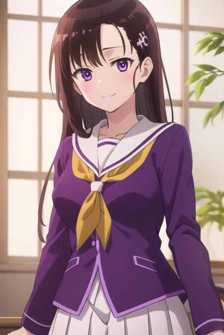 hitomihino, <lora:hitomi hino s1-lora-nochekaiser:1>,
hitomi hino, long hair, black hair, hair ornament, (purple eyes:1.1), smile,
BREAK skirt, school uniform, pleated skirt, serafuku, white skirt, shirt, purple shirt, sailor collar, white sailor collar, long sleeves, neckerchief, yellow neckerchief,
BREAK indoors, classroom,
BREAK looking at viewer, (cowboy shot:1.5),
BREAK <lyco:GoodHands-beta2:1>, (masterpiece:1.2), best quality, high resolution, unity 8k wallpaper, (illustration:0.8), (beautiful detailed eyes:1.6), extremely detailed face, perfect lighting, extremely detailed CG, (perfect hands, perfect anatomy),