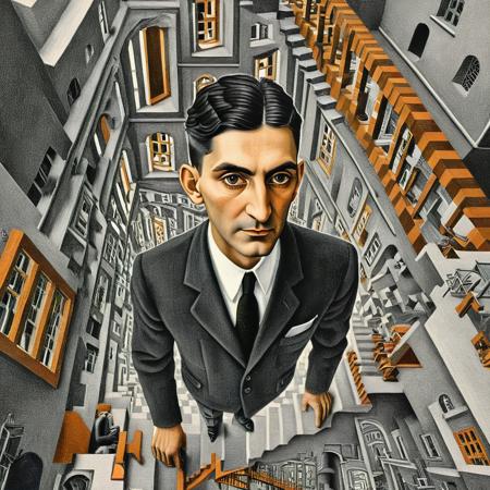 portrait of (Franz Kafka) in a suit jacket, staircases, intricate world of optical illusions and impossible geometries, paradox, mesmerizing and thought-provoking masterpiece, art by escher, <lora:Escher_Blend:1.2> <lora:xl_more_art-full_v1:0.6>