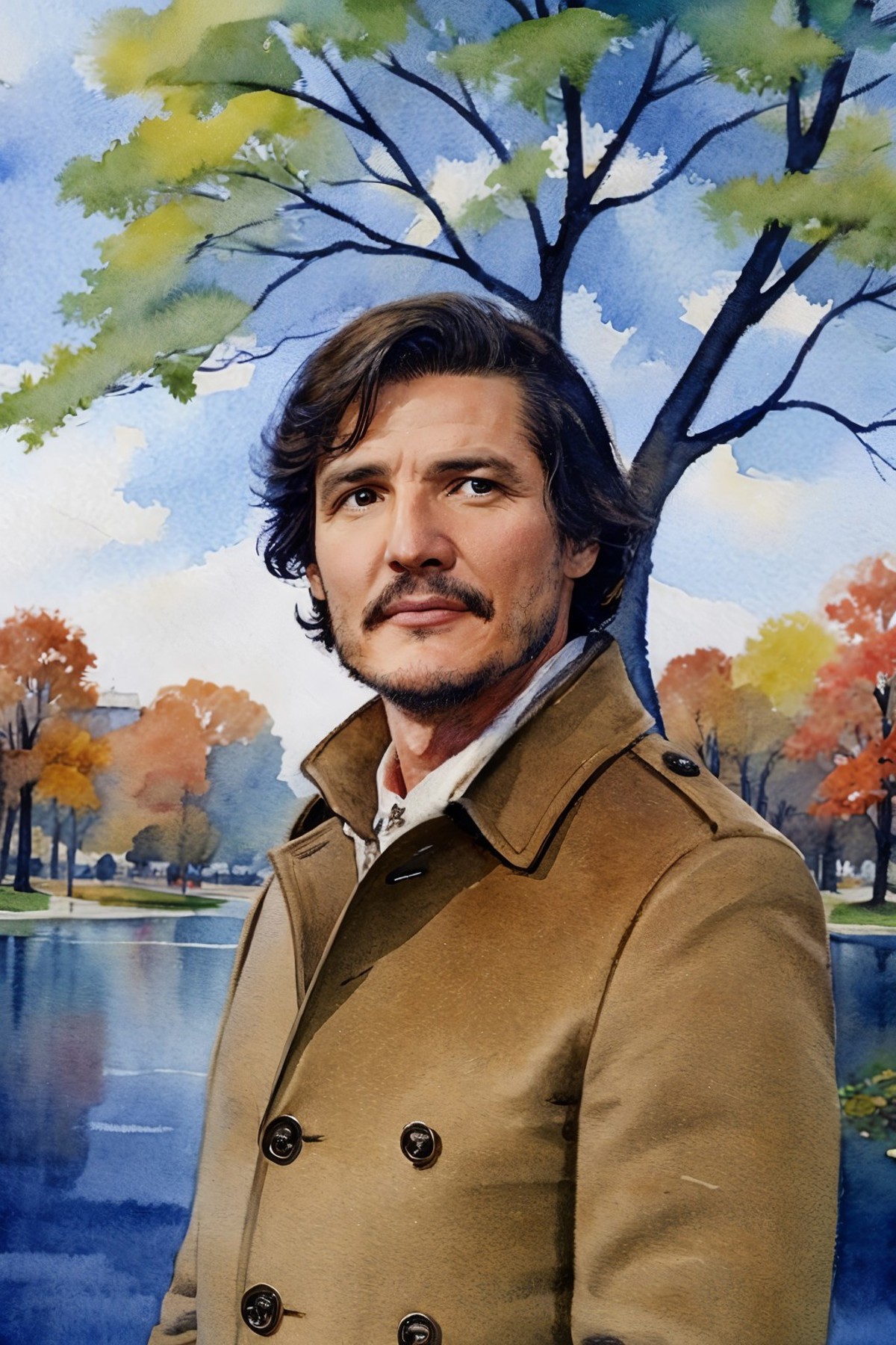 20th century, a (closeup:0.6) portrait of a Pedro Pascal in a wool coat in a city park, autumn, many trees, blue sky, (wat...