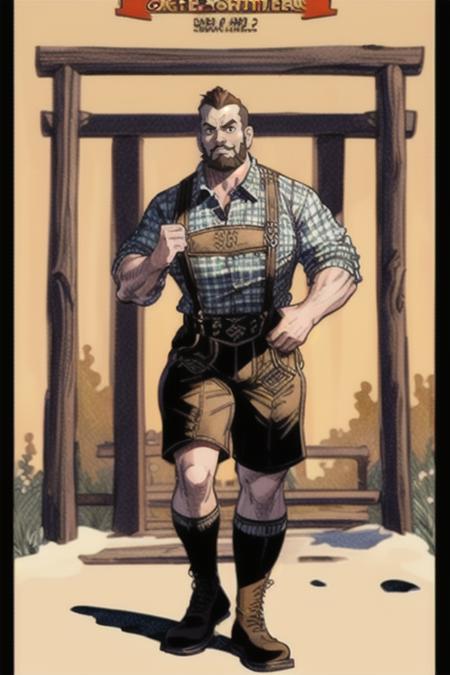 comic,  z4ngi3f wearing a lederhosen and crosspiece with Goldenrod colored checkered shirt , in Gates of the Arctic National Park and Preserve, graphic illustration, comic art, graphic novel art, vibrant, highly detailed <lora:Lederhosen-v1:.7>   <lora:add_detail:1>  <lora:z4ngi3f_V0.04:.7>