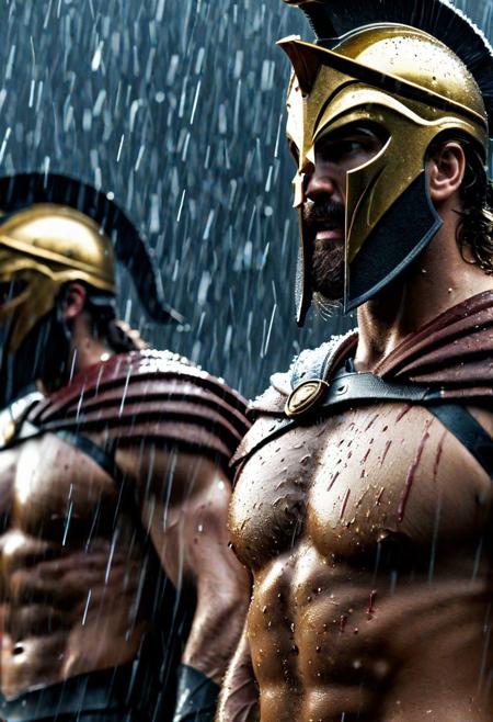 (((cinematic film photo, extremely details, photo of Mind blowing depth and foreground clarity))) stunning, high quality, photorealistic, photo very large view of Leonidas and his 300 Spartans, muscles, row, shield, pouring rain, ((dramatic lighting, detailed atmosphere), dark, moody), intricate details), volumetric lighting, high resolution, 8k, best quality, hyper detailed, ultra detailed, ultra high definition, 8k, super sharp focus, golden ratio, great detail of textures ((masterpiece))