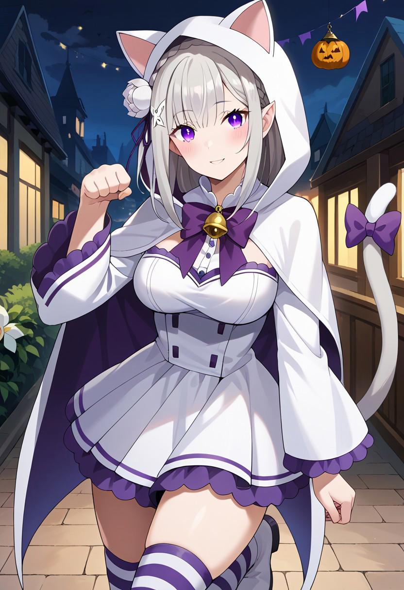 score_9, score_8_up, score_7_up, score_6_up, source_anime, 
emirng, long hair, grey hair, purple eyes, pointy ears, crown braid, braid, white flower, hair flower, hair ribbon, purple ribbon, x hair ornament,
large breasts,
animal ears, animal hood, cat ears, cat hood, fake animal ears, fur-trimmed hood, hood, hood up, fake animal ears,
bell, white capelet, capelet, bow, bowtie, fur-trimmed capelet, hooded capelet, 
white dress, white jacket, dress, fur-trimmed dress, fur-trimmed sleeves, dress, long sleeves, purple bow, wide sleeves,
white skirt, cat tail, fur-trimmed skirt, skirt, striped socks, tail, tail bow, tail ornament, 
white footwear, boots, kneehighs, paw shoes, thighs,
fur trim, halloween costume,
halloween, outdoors,
1girl, blush, smile,
paw pose,