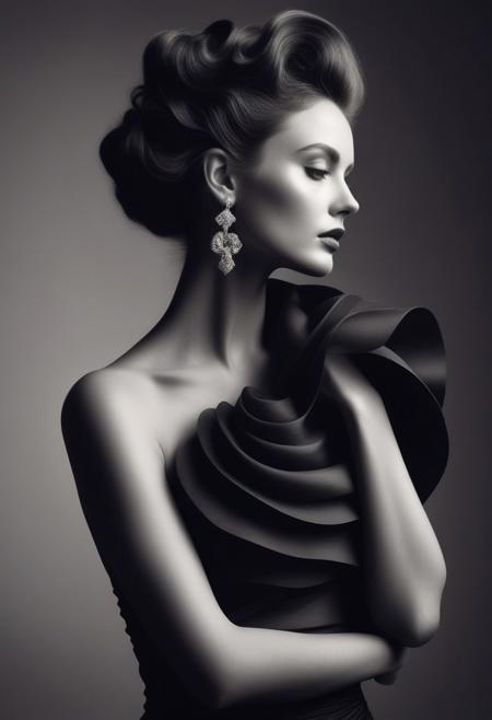 Avant-garde Fashion page, A black and white photograph of a beautiful woman with long, wavy hair standing in profile. She is posing with her arms crossed over her chest, and she is wearing prominent, stylish earrings. The image has a high contrast with soft lighting that casts gentle shadows, highlighting her form and features. The background is plain and unobtrusive, focusing attention entirely on the subject. The mood of the image is elegant and artistic
