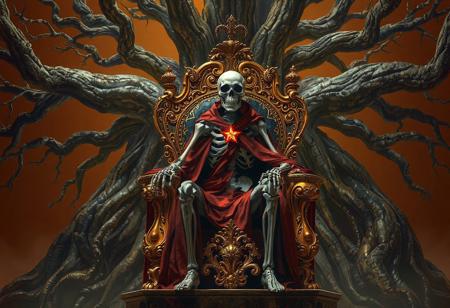 A majestic Ghostrick Skeleton sits regally upon an ornate golden throne, its crimson robe adorned with a single gleaming star. The technologically-enhanced chair features intricate baroque carvings that glow with arcane energy, casting ethereal reflections across the skeletal figure. Behind this imposing ruler stretches an ancient, gnarled tree whose roots and branches form a cathedral-like canopy, creating dramatic negative space against the rich umber background.