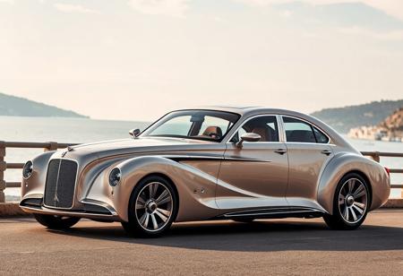 Luxury, elegant four-door sedan car with smooth lines, large wheels, distinctive front grille, and sleek retrofuturistic body design in side view yfg-sde, elongated body profile, prominent wheel arches in the style of the 30s of the 20th century, аrched roof line. On the French riviera.