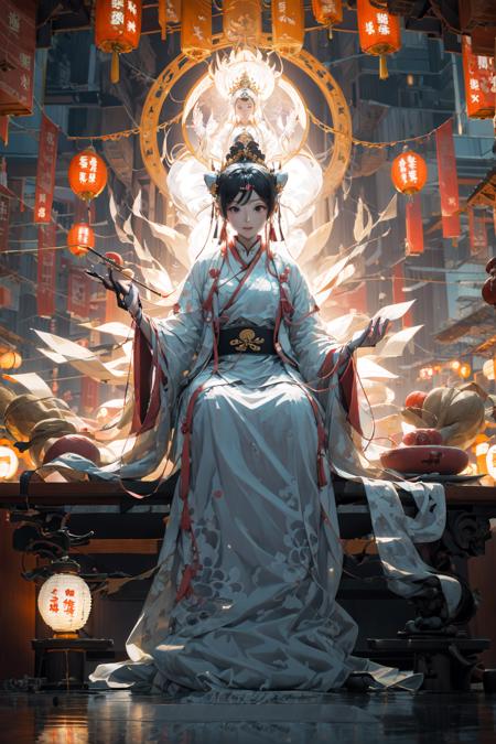 guanyin,
hanfu, lantern, chinese clothes, sitting, black hair, jewelry, holding, earrings, 1girl, scroll, looking at viewer, long sleeves, solo, hair ornament, full body, indoors, paper lantern, architecture, shawl, hair bun, tassel, smoking pipe, robe
<lora:guanyin_20230801144229-000018:1>