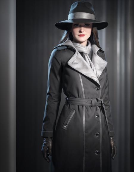 silvershroud, black hat, gray scarf, long black coat, black gloves, black pants, black shoes,