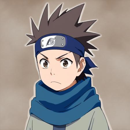 konohamaru, spiked hair, brown hair, forehead protector, konohagakure symbol, scarf