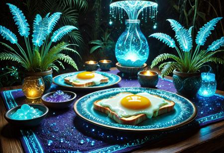lazypos, volumetric lighting, soft glow diffusion, hyper-detailed textures, ambient occlusion, cinematic depth of field. A rustic wooden breakfast table set for one, bathed in ethereal bioluminescence. Two sunny-side-up eggs with yolks pulsing gold-amber, edges haloed in turquoise. Crispy bacon glistens with greasy sheen. Thick toast oozes bioluminescent butter, swirling violet and deep blue like liquid nebulas. The plate rests on a woven mat threaded with luminescent fibers, casting delicate light patterns. Potted bioluminescent plants surround the scene, sapphire orchids, star-dripping ferns, vines flickering jade-amethyst. Hanging blooms shed glowing nectar. Shadows stretch deep, framing the meal in dreamlike serenity. Hyper-realistic food textures, soft focus on peripheral glow, subtle light refraction in dripping butter. Mood: tranquil, otherworldly.