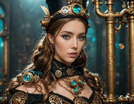 cinematic film still 3d image of a steampunk woman, in the style of bella kotak, gold and cyan, photorealistic detail, dark fairy tales, detailed miniatures, artgerm, uhd image  . shallow depth of field, vignette, highly detailed, high budget Hollywood movie, bokeh, cinemascope, moody, epic, gorgeous, film grain, grainy