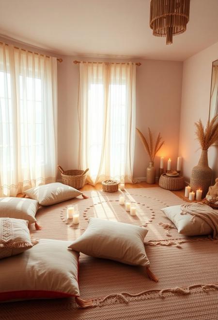 bohemian-style sanctuary room with soft pillows, floor cushions, candles, sheer curtains in sunlight, sacred feminine decor, cozy and inviting atmosphere, wide-angle interior shot with warm tones, peaceful sacred space vibe