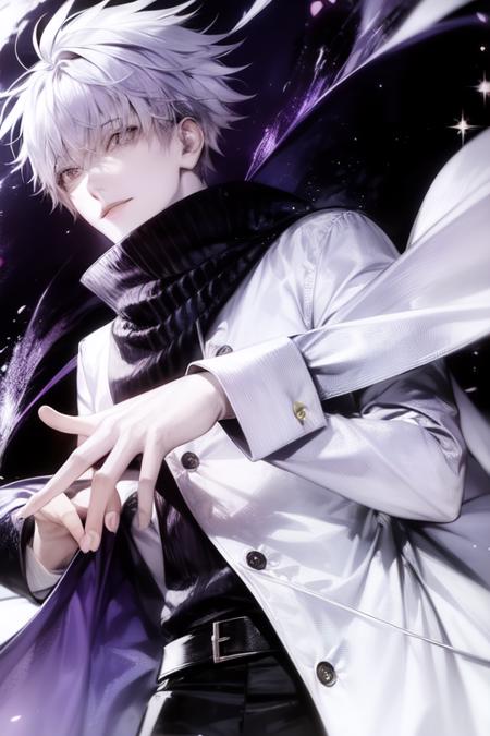 1boy, aura, blurry, blurry_background, blurry_foreground, closed_mouth, dark_aura, depth_of_field, electricity, energy, energy_ball, glowing, long_sleeves, magic, male_focus, purple_fire, smile, solo, upper_body, white_hair