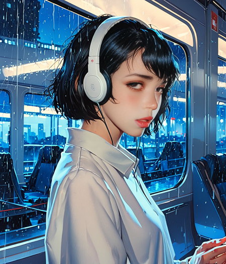 Digital painting by (((ilya Kuvshinov))) and Guweiz in the style of a modern, stylish anime scene of a cool, melancholic girl with a sharp bob cut and headphones, looking out the window of a moving train at the blurry, rain-streaked city lights, her reflection visible in the glass. woman
<lora:NaturalBodyV2.0-C:1> <lora:HyperdetailedColoredPencilV2:1>
